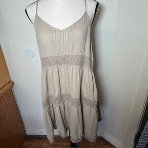 Aerie Slipdress Medium Light Tan Crinkle Gauze Fabric with Macramae Lace insets.